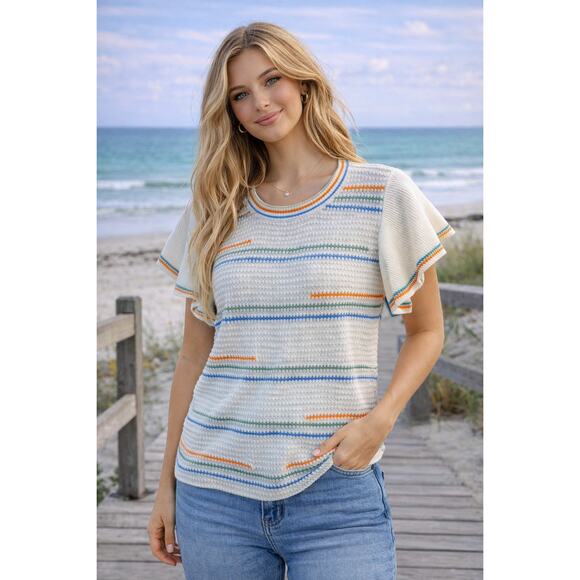 Democracy Tops - Democracy Rainbow Stripe Flutter Sleeve Knit Sweater Top Size Large